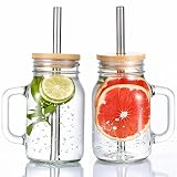 AmzFan Mason Jar with Lid and Straw, 2 Pack 20 OZ Mason Jars with Handle, Mason Jar Cups, Drinking G