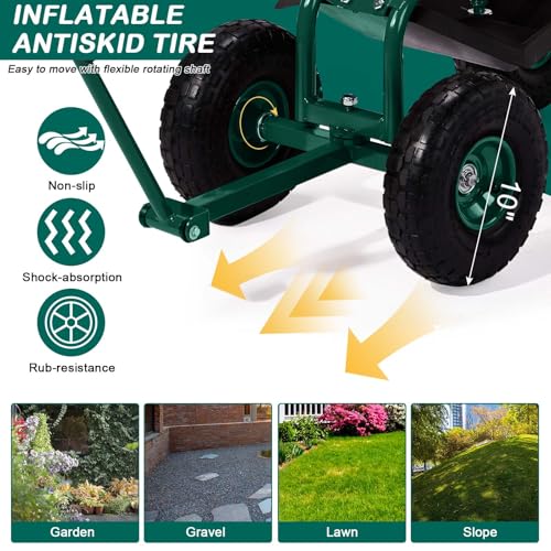 Outvita Garden Cart Rolling Workseat with Wheels, Gardening Stool with Adjustable 360 Degree Swivel Seat, Extendable Handle, Tool Tray & Storage Basket, Gardening Scooter for Yard, Planting, Green