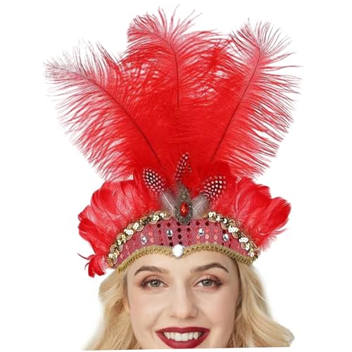 Vistnale Showgirl Headpiece Feathers Sparkling Rhinestones Mardi Gras Headband Carnival Headpieces for Women Costume Party, Red|Fashion Headbands