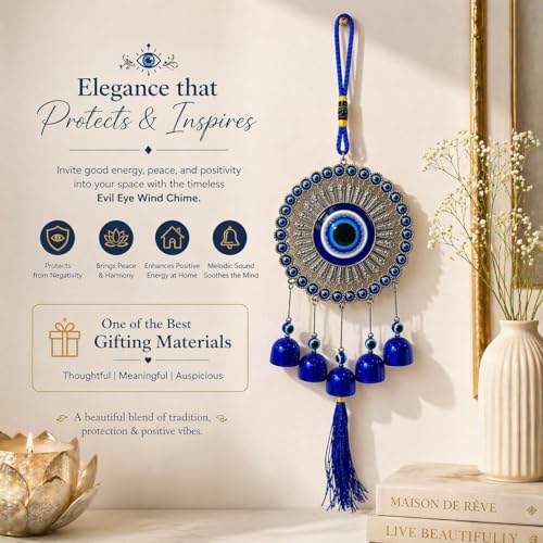 Image of Jaipur Ace 5 Bell Evil Eye Hanging Wind Chime for Home & Balcony Decor - Blue Nazar Protection Charm with Soothing Sound, Decorative Wall Hanging for Positive Energy, Living Room & Gift Use