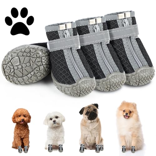 Hundeschuhe Pfotenschutz Outdoor, 4 Stück Hunde Schuhe mit Reflektierendem Klettverschluss, atmungsaktive Hundestiefel, Verstellbarer Pfotenschutz Hund für Kleine und Mittlere Hunde (Schwarz, 5)