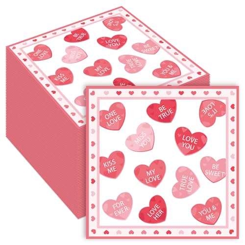 Image of 40 Pack Valentine's Day Paper Napkins - 13 x 13 Inches Disposable Heart Love Message Serviettes Tableware Luncheon Cocktail Napkin Party Supplies for Weddings, Anniversaries, and Romantic Celebrations