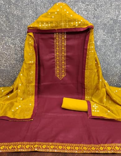 Image of HMP Fashion Womens Bombay Cotton Embroidery Tie Cotton Unstitch dress Material With Chanderi lace bordered Dupatta
