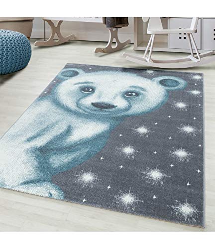 Tapis enfant 120x170 bleu gris blanc grand tapis chambre bebe ours