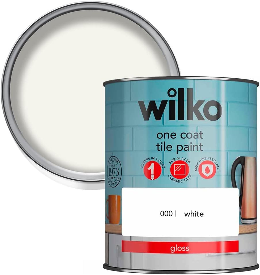 wilko One Coat White Tile Gloss Paint, Glazed Ceramic Tiles Paint, Moisture Resistant Tile Gloss Paint, One Coat Tile Gloss Paint, 750ml