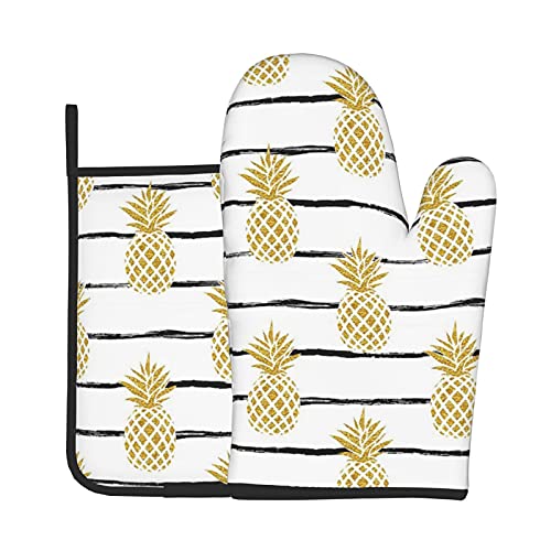 Gold Pineapple Striped Oven Mits, Heat Resistant Oven Mitts And Pot Holders For Kitchen Baking Cooking Grilling #TOP8