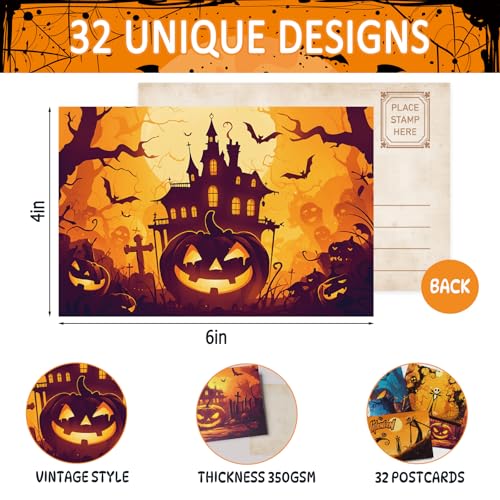 Tlenpo 32 Cute Halloween Postcards, Scary Pumpkin Skeleton Man Gift Cards, Halloween Post Cards Wall Decoration, Vintage Postcards for Family and Friends, 350gsm, 4×6 In