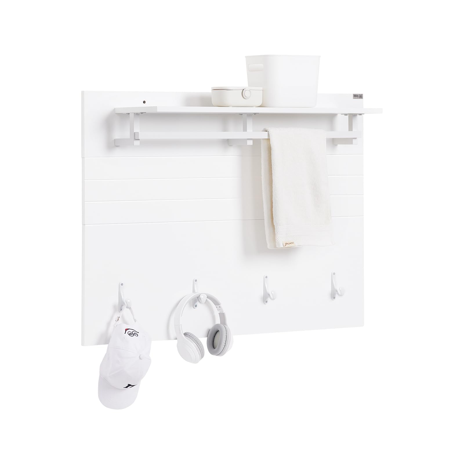 SoBuy Porte manteau mural bois avec patère murale et étagère rangement – Meuble entrée mural multifonction pour salle de bain, cuisine, chambre – Blanc 100x20x70cm, Charge 21kg, FHK36-W