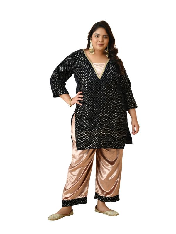 prettyplus by desinoor.com Plus Size Navy Silk Velvet Co-ord Set | Velvet Coord Set | Women Plus Size Co-ord Set-picture-23
