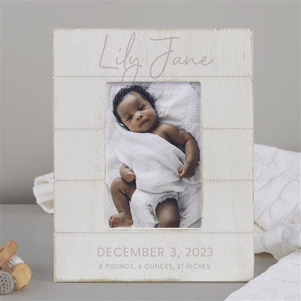 Personalization Universe Personalized Simple and Sweet Baby Girl Shiplap Frame 4x6 Horizontal Picture Frame - Rustic Whitewashed Wood Photo Frame, Newborn & Family Pictures, Tabletop, Easel Back