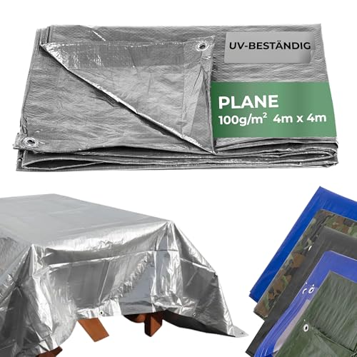 STREND PRO Abdeckplane 4x4 Wasserdicht mit Ösen | Outdoor Gewebeplane Bauplane 100g/m | Regenplane Silber 4x4m | UV-beständig | Holzplane für Gartenmöbel Zelt Camping | Abdeckung Plane