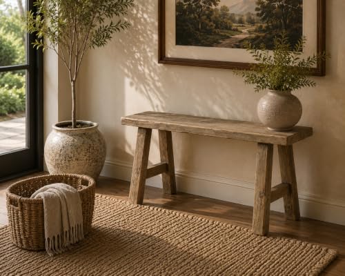 Image of Artissance 35 inch Long 10 inch Wide Elmwood Bench, Natural Wood