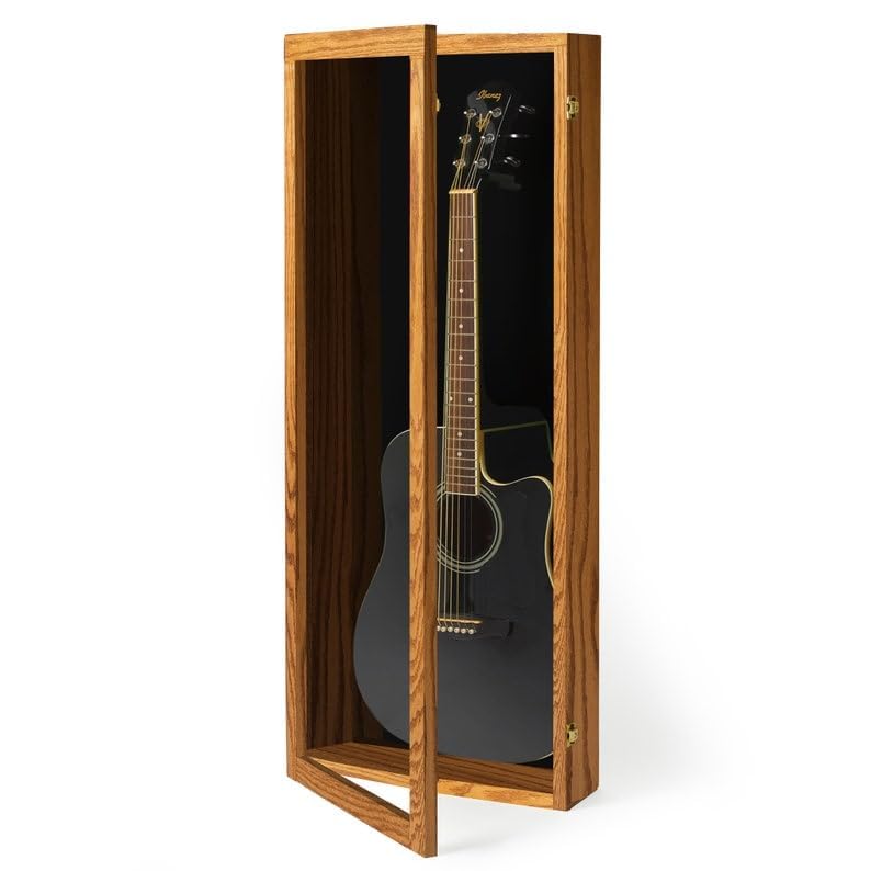 Premium Oak Acrylic Acoustic Guitar Display Case, Acoustic Guitar Display Case Wall Mount, Made from Solid Hardwood & Clear Acrylic
