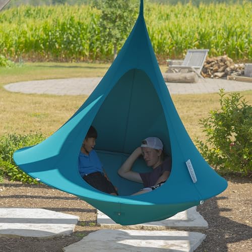 Image of Double Cacoon Hanging Chair for Two - Cozy Indoor /Outdoor Hammock with Polyester Canvas, 440 lb Capacity, Includes 18ft Rope & Carabiner (Bayou Breeze)