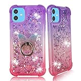iPhone 11 6.1-inch Clear Case, ZASE Compatible for Apple iPhone 11 Liquid Glitter Sparkle Bling Protection Shockproof Cover Cute Waterfall Floating Butterfly w/Phone Ring Stand (Gradient Purple Pink)