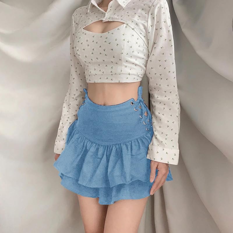 Womens Y2k Gothic Skirt High Waisted Lace Up Double Layered Ruffles Punk Mini Emo Skirts - Image 3