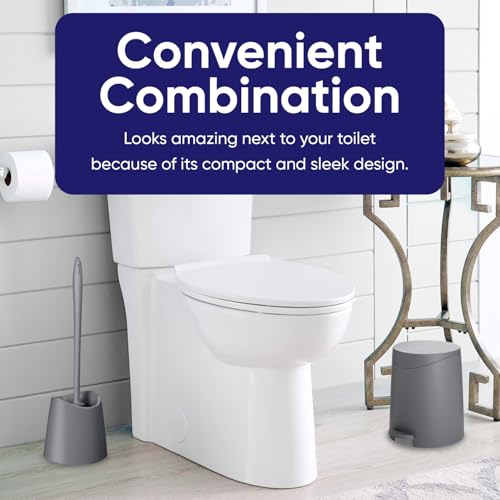 Image of Superio Bathroom Trash Can with Toilet Brush Set Grey Modern 6 Liter Small Waste Basket Plastic Step On Garbage Can and Toilet Bowl Cleaner Bathroom Accessories Set, Grey