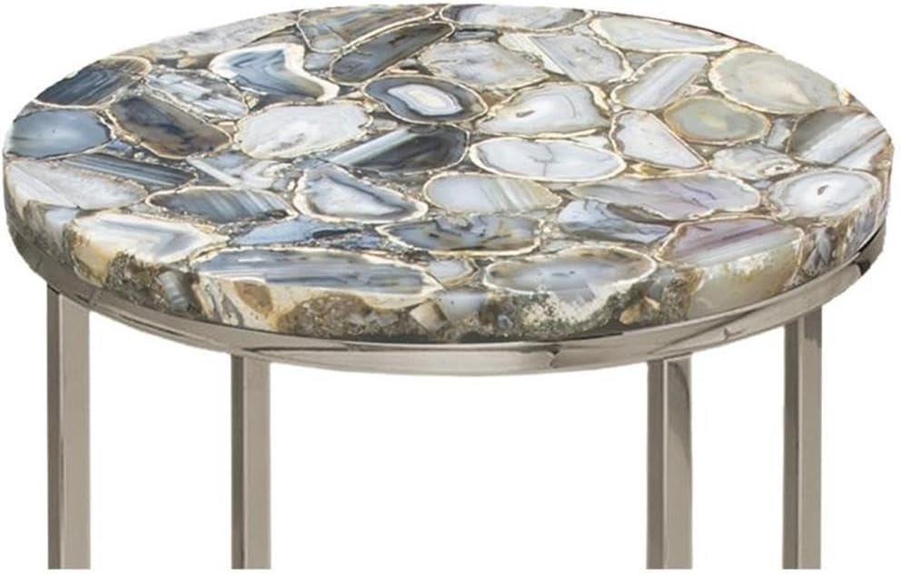 Pemberly Row Nickel Agate Top Nesting Tables, Set of 2, Handcrafted in India, Natural Stone Finish, Circular Metal Base, Large 15"x15"x24"H & Small 12"x12"x23"H, Modern Space-Saving Accent Furniture