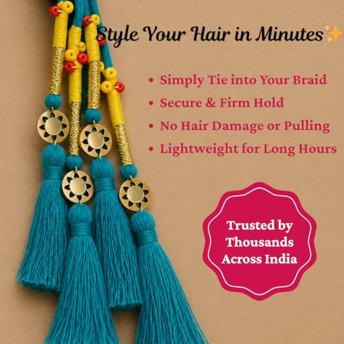 Image of Zippy Flora Handmade Boho Parandi / Paranda Traditional Hair Accessory for Women & Girls | Ethnic Braided Hair Tassels, Choti Hair Extension, Decorative Braid Jewelry for Festive & Wedding Hairstyles (Neelima Aqua Blue)