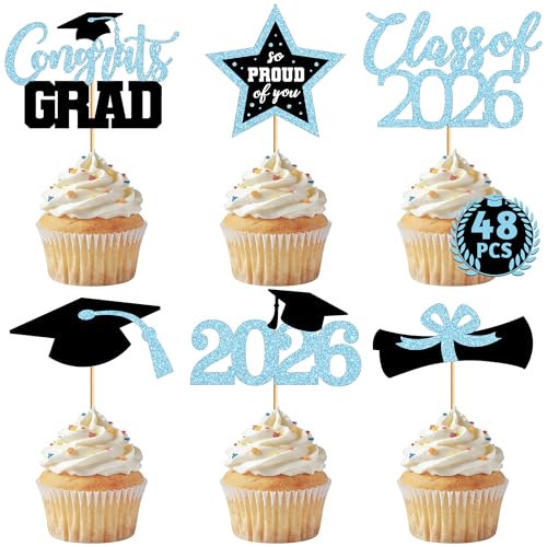 Image of 48 PCS Graduation Cupcake Toppers 2026, 6 Styles Grad Cupcake Toppers, Glittery Congrats Graduation Decor, Black and Sky Blue Cap and Diploma Cake Picks for Grad Decorations Party Supplies