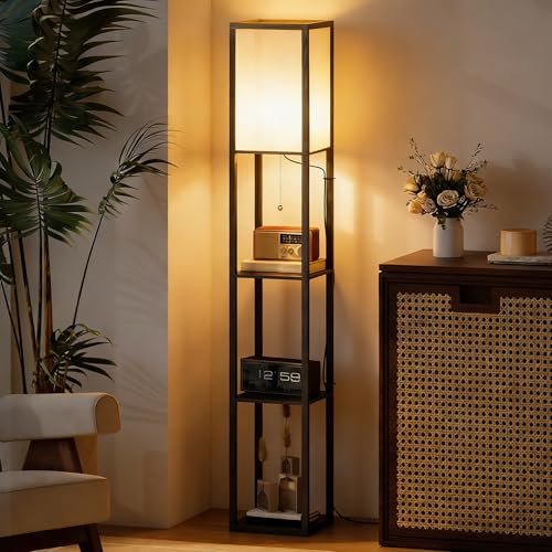 HOMCOM Lampada a Terra 40W con 3 Mensole Integrate e Interruttore a Tirante, Lampada Moderna in MDF e PS, 26x26x160 cm, Nero e Bianco