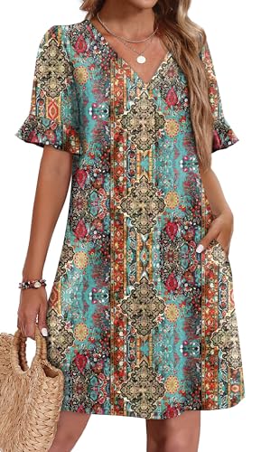 Image of OFEEFAN Summer Dresses for Women Ruffle Short Sleeve V Neck Casual Shift Dress with Pockets