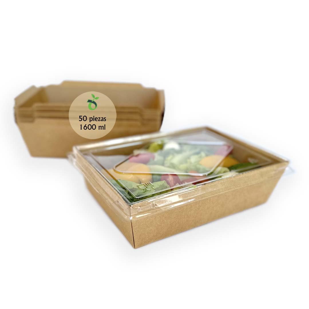 Lunchbox de Papel Kraft con Tapa 200 unidades 1600 ml | Cajas desechables de cartón kraft para comida, ideal para ensaladas, sándwiches, postres y comida para llevar