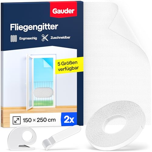 GAUDER Fliegengitter für bodentiefe Fenster - Insektenschutz ohne Bohren - Fliegengitter mit Klettband - Fliegennetz aus Polyester - Mückennetz für Fenster & Tür (2 Stück - 150 x 250 cm - weiß)