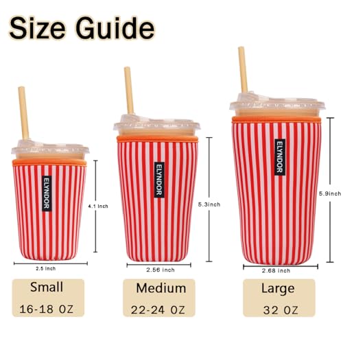 Image of Reusable Insulated Sleeve for Iced Coffee Cup, Coffee Neoprene Sleeve for Cold & Hot Drinks, Beverage Holder for Iced Coffee (Red Stripes, Large: 32oz)
