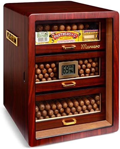 Marvero Handcrafted Cigar Humidors, Cedar Wood Humidor for 150 Cigars with Digital Hygrometer, 3 Large Brown Walnut Drawers, 3 Humidifiers and Gold-plated Hardwares. Gift for Men and Cigar Aficionados