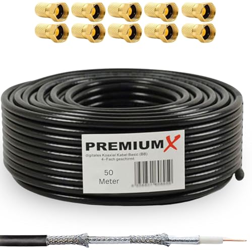 Premium X 50m de cable coaxial BASIC negro 135dB 4 veces apantallado CCS Cable coaxial de antena de TV por satélite 10x enchufe F
