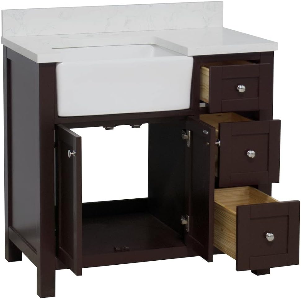 Yorkshire 36-inch Farmhouse Bathroom Vanity (Engineered Marble/Chocolate): Includes Chocolate Cabinet with Engineered Marble Countertop and White Apron Sink