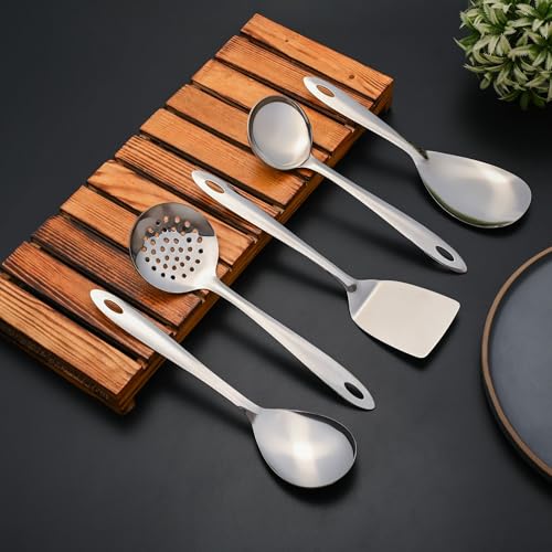 Image of Montavo by FnS 5 Pieces Premium Stainless Steel Serving Tools Set, Rice Server, Gravy Ladle, Veg Serving Spoon, Skimmer & Solid Turner, Food Grade Kitchen Utensils for Home & Dining