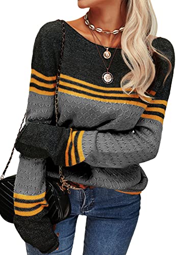 Image of Danedvi Womens Fall Fashion 2026 Sweaters Colorblock Lightweight Striped Crewneck Winter Trendy Pullover Tops