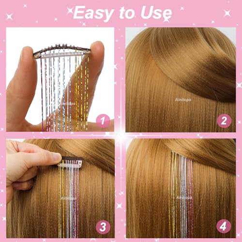 Ainitops 12Pcs Hair Tinsel Clip In Hair Extensions 19.6Inch Clip In Hair Tinsel Glitter Tinsel Hair Extensions Shiny Sparkly Fairy Hair Tinsel Kit Dazzle Hair Accessories For Women Girls Kids thumb #3