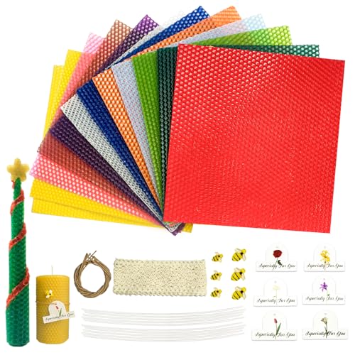 kissingfish Beeswax Candle Making Kit Colored Beeswax Candle Sheets 12 Pcs Full DIY Candle Making Kit Include 10 Cotton Candle Wicks 6 Bee Ornaments Decor 50cm Lace 6 Gift Tags with Paper Rope