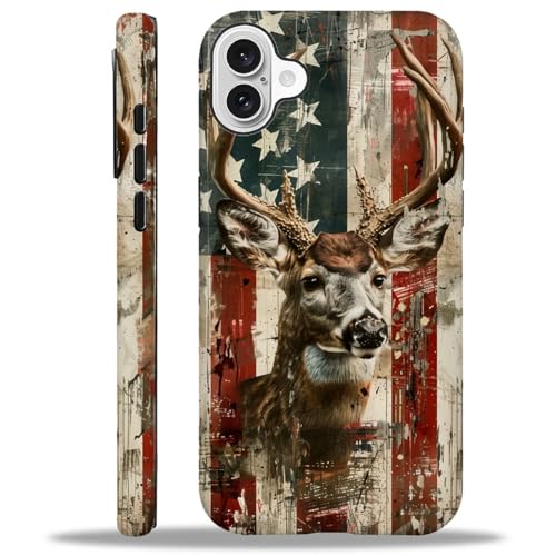 ZHEGAILIAN Case for iPhone 16,Deer Buck Hunter American USA Flag for 2 in 1 Hard Shell + Soft Silicone,Shockproof Bumper Drop Protective Case for iPhone 16