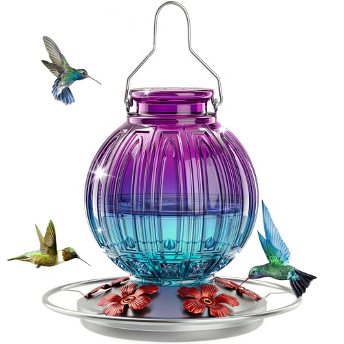 Glass Hummingbird Feeder for Outdoors Hanging 26Oz Bird Nectar Feeder with Perch & 5 Flower Feeding Ports Leak Proof for Outside Garden Decor Backyard Gifts for Women Mom Purple & Blue