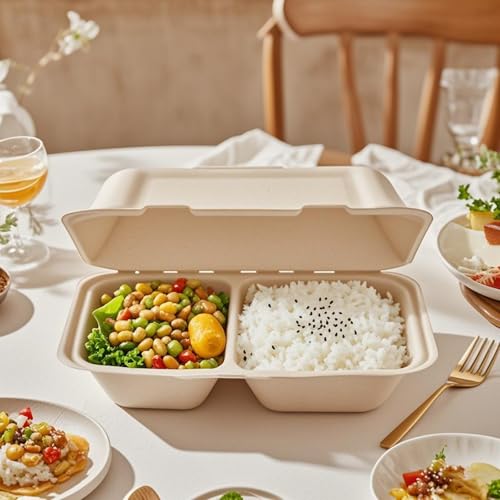 FAAING 75 Stück 900ml Einweg Menübox, 2 Fächer Lunchbox Pappe Einweggeschirr Zuckerrohr, Menüschalen mit Deckel, Bagasse Take Away Box mit Klappdeckel, To Go Verpackungen Essen