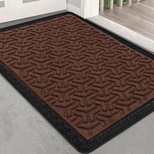 Image of Yellow Weaves 2 Pcs Door Mat for Home Entrance, Outdoor Rubber Mat - Non-Slip, Anti Skid Foot Mat, Dirt Trapper, Heavy-Duty, Weather-Resistant, Waterproof Doormat (40x60cms, Geometric, Brown Color)