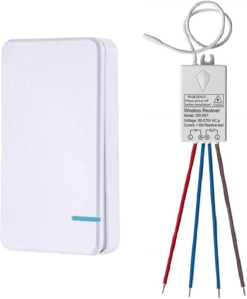 Wireless Switch for Light, AC 80~275V 433MHz Cordless RF Remote Control Wall Light Switch, Extra Wireless Light Switches for Indoor Outdoor Lighting Up to 1300ft,1000W,10A MAX,IP66 Waterproof