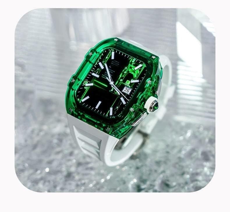 Przezroczysta obudowa do zegarka pasek fluorowy, do Apple Watch Series 8 7 6 5 4 SE 44 mm 45 mm, przezroczysta obudowa zegarka sportowe oddychające paski zapięcie akcesoria zamienne