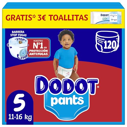 Dodot Bebé Pants Pañales, Talla 5, 11-16 kg, 120 Pañales, Pañal-Braguita con Ajuste 360° Anti-Fugas, Pack Mensual