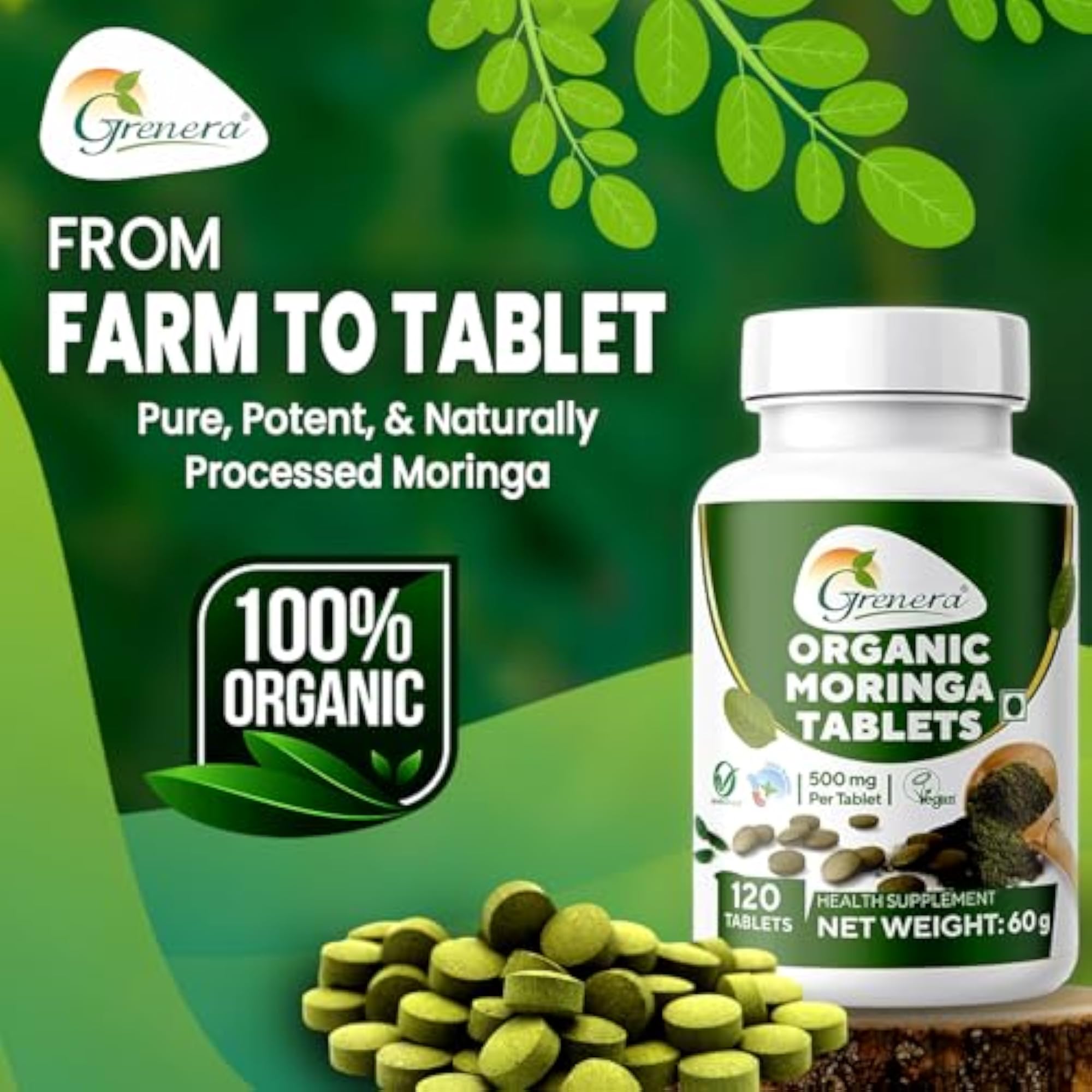 Grenera Organic Moringa Tablets, 120 nos