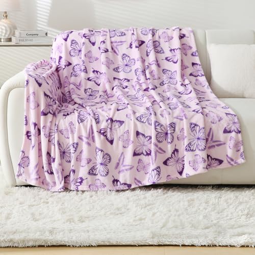 Softan Fleece Blanket - Purple Butterfly Throw Blanket - Fuzzy Lightweight Super Soft Microfiber Flannel Blankets For Couch, Bed cover