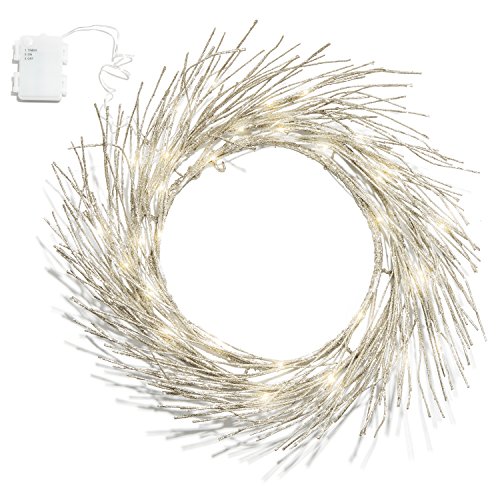 LampLust 23' Gold Glitter Pre-lit Wreath - 42 Warm White Sparkling LED Lights, Bendable Branches...