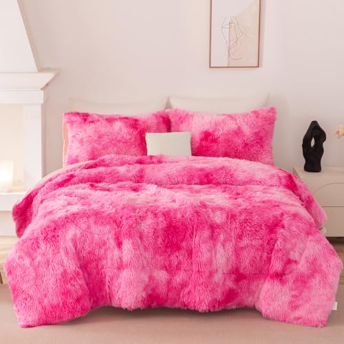 Image of Plush Shaggy Fluffy Comforter Set King Size Pink Rainbow Faux Fur Bedding Set for Girls Women 3 Pieces Tie Dye Soft Fuzzy Bed Set for Bedroom Decor(Pink White Ombre, King)