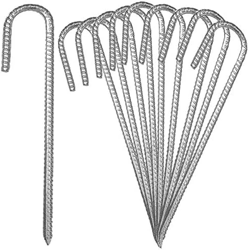 EXPERY 10Pack 12” Heavy Duty J Hook Ground Stakes, Galvanized Rebar Tent Stakes, Curved Steel Plant Support Garden Stake, Chisel Point End Stakes for Camping Tent, Swing Sets, Fence Stakes
