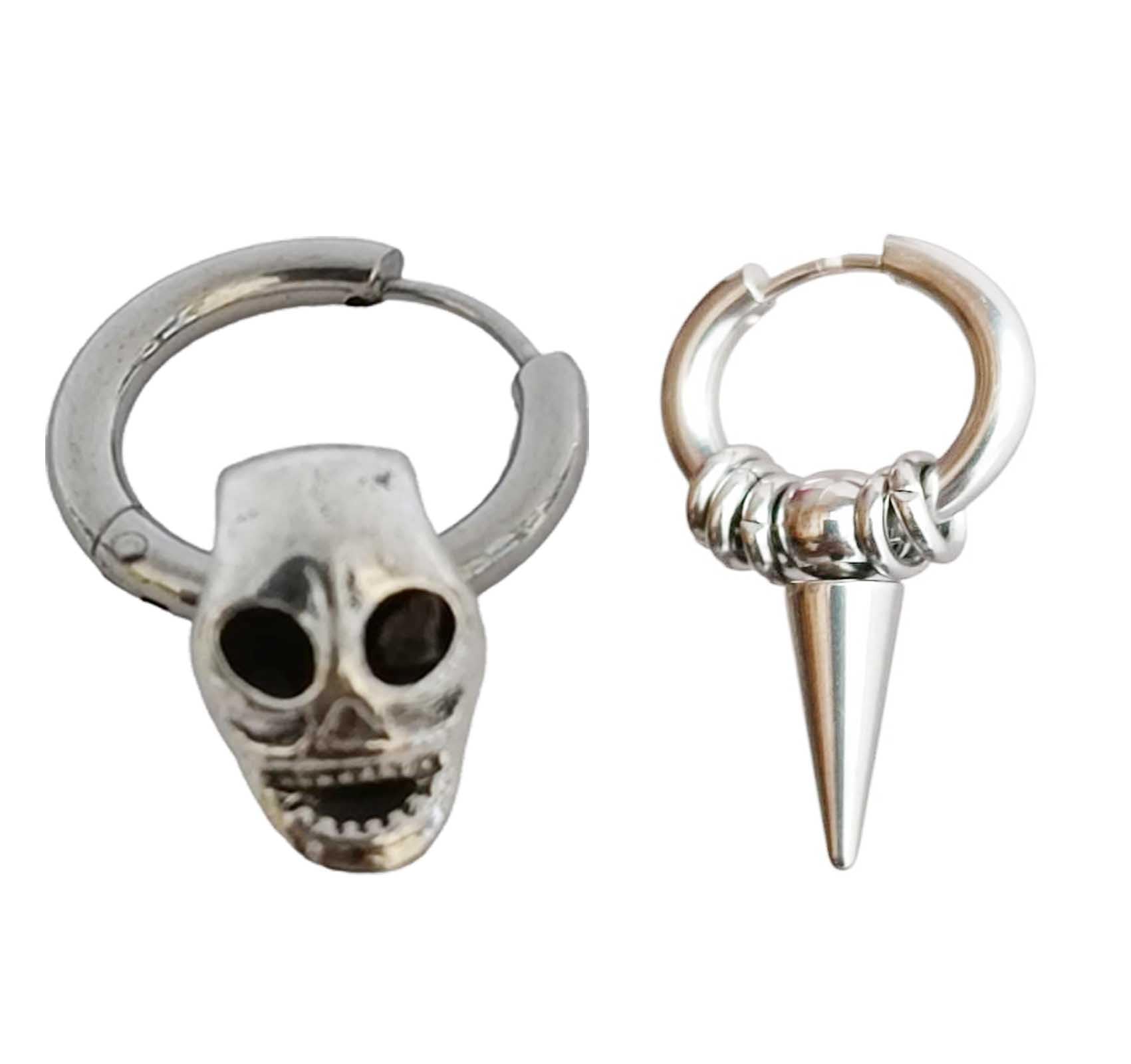 Gothic Skull and Spike Huggie Hoop Earrings Set, Silver-Tone, 2 Pieces for Men/Women/Boys & Girls pack of 2-image-39