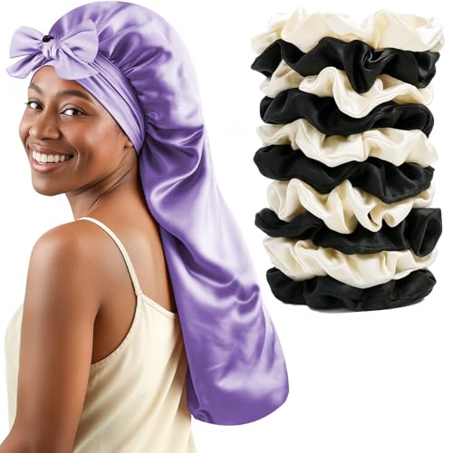 Long Hair Bonnet for Women, XL Silky Satin Sleeping Cap with Tie Band for Braids Curly Hair, Includes 10PCS Scrunchies